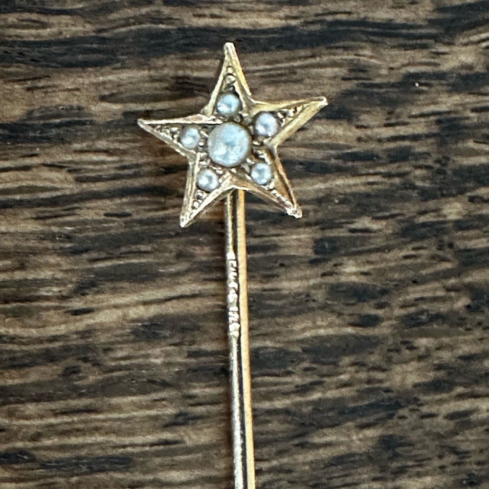 Antique 14K Gold Seed Pearl Star Stick Pin | Victorian / Edwardian Lapel Pin